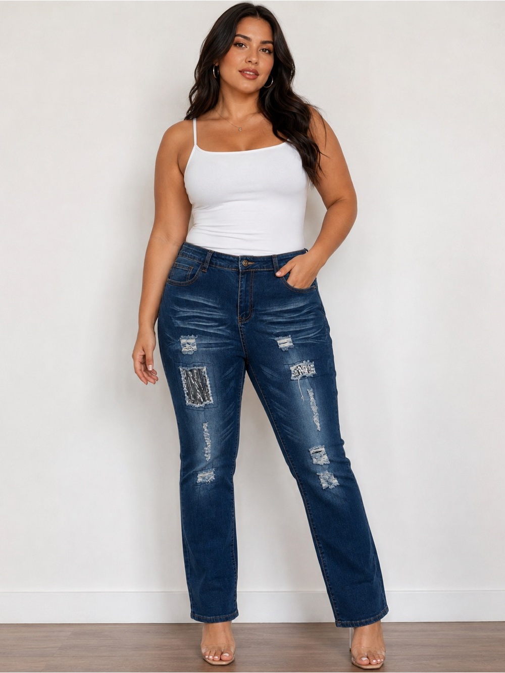 Lucky & Blessed Dark Blue Distressed Boot Cut Jeans with Sequin Patch